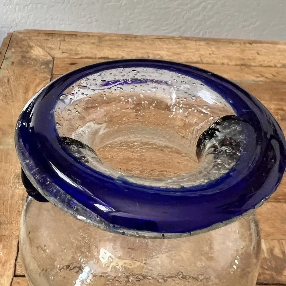 Hand Blown Glass Vase Cobalt Blue Scroll Handles & Rim Bubble Glass Art